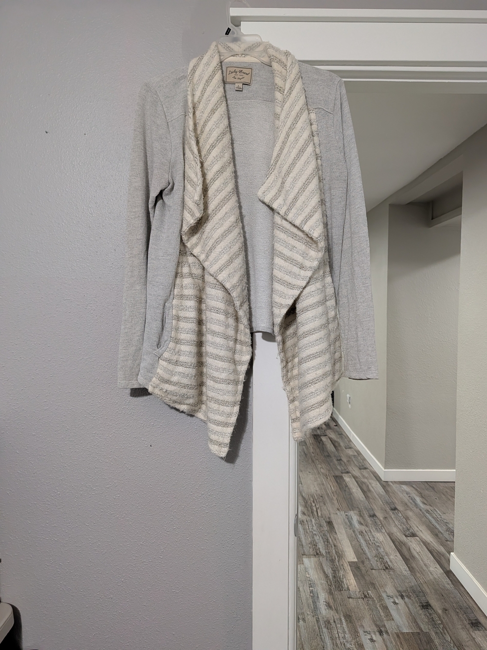 Lucky Brand Light Gray and Cream Open-Front Draped Cardigan